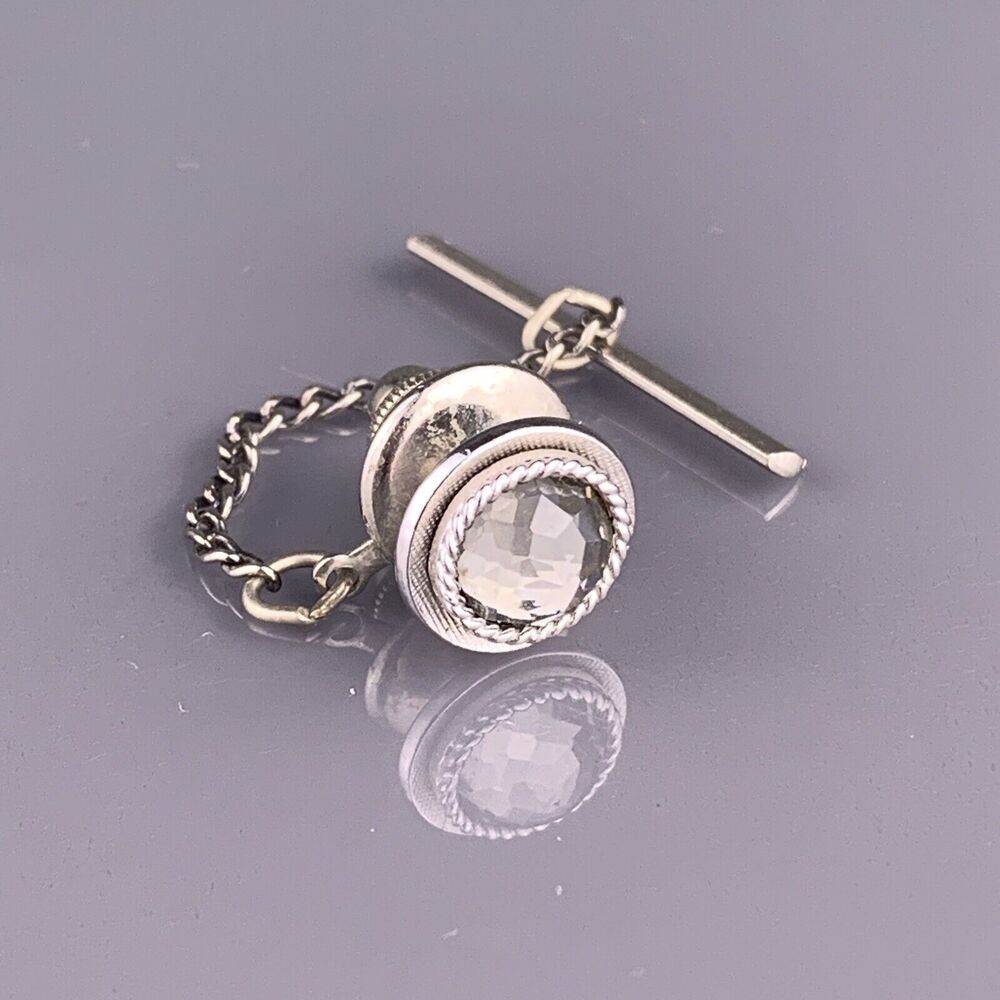 Gray Faceted Rhinestone Tie Tack Pin Silver Tone Round Swank Vintage